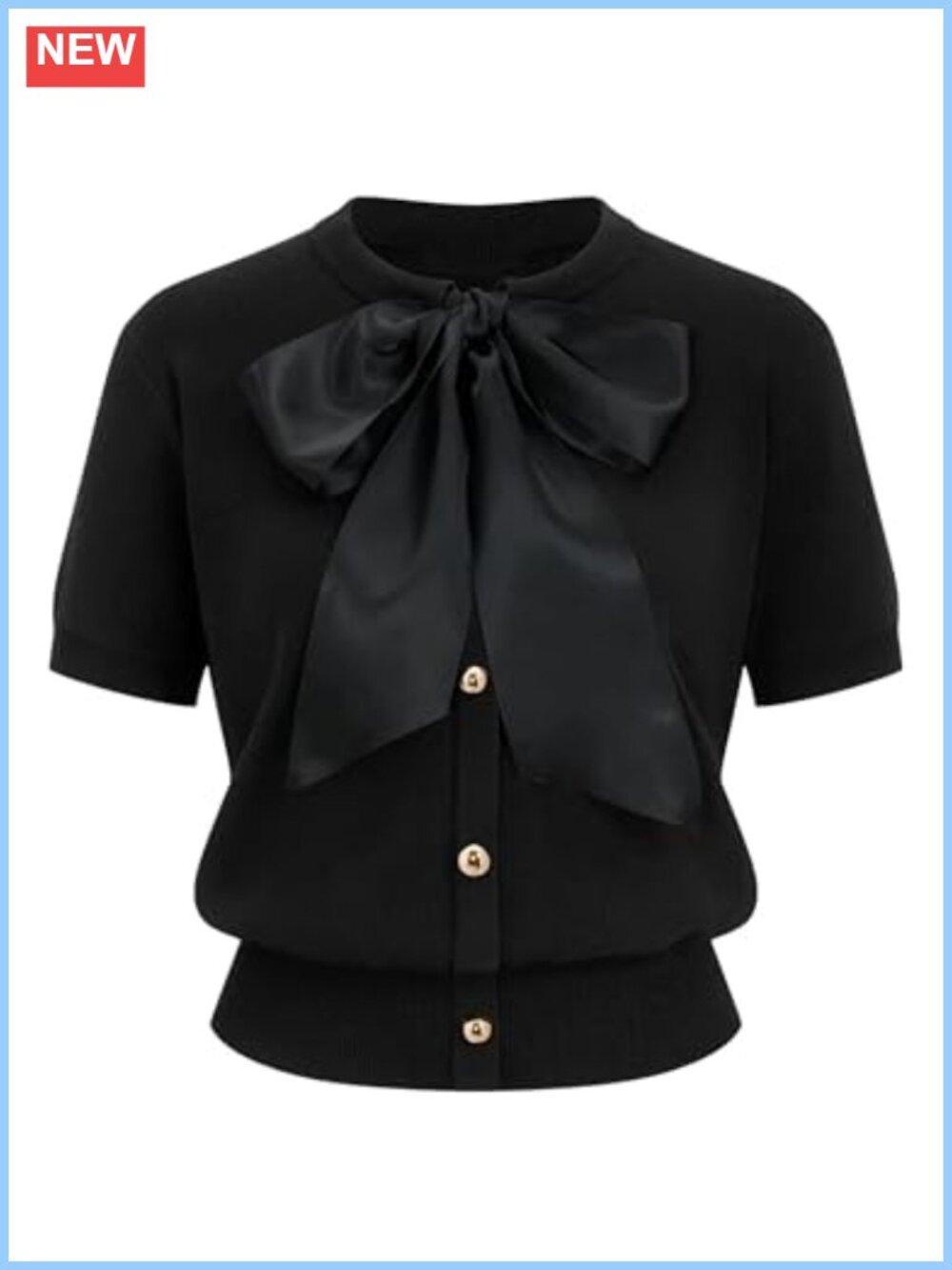 Yeokou Satin Bow Short Sleeve Knit Cardigan Gold Metal Button Sweater
